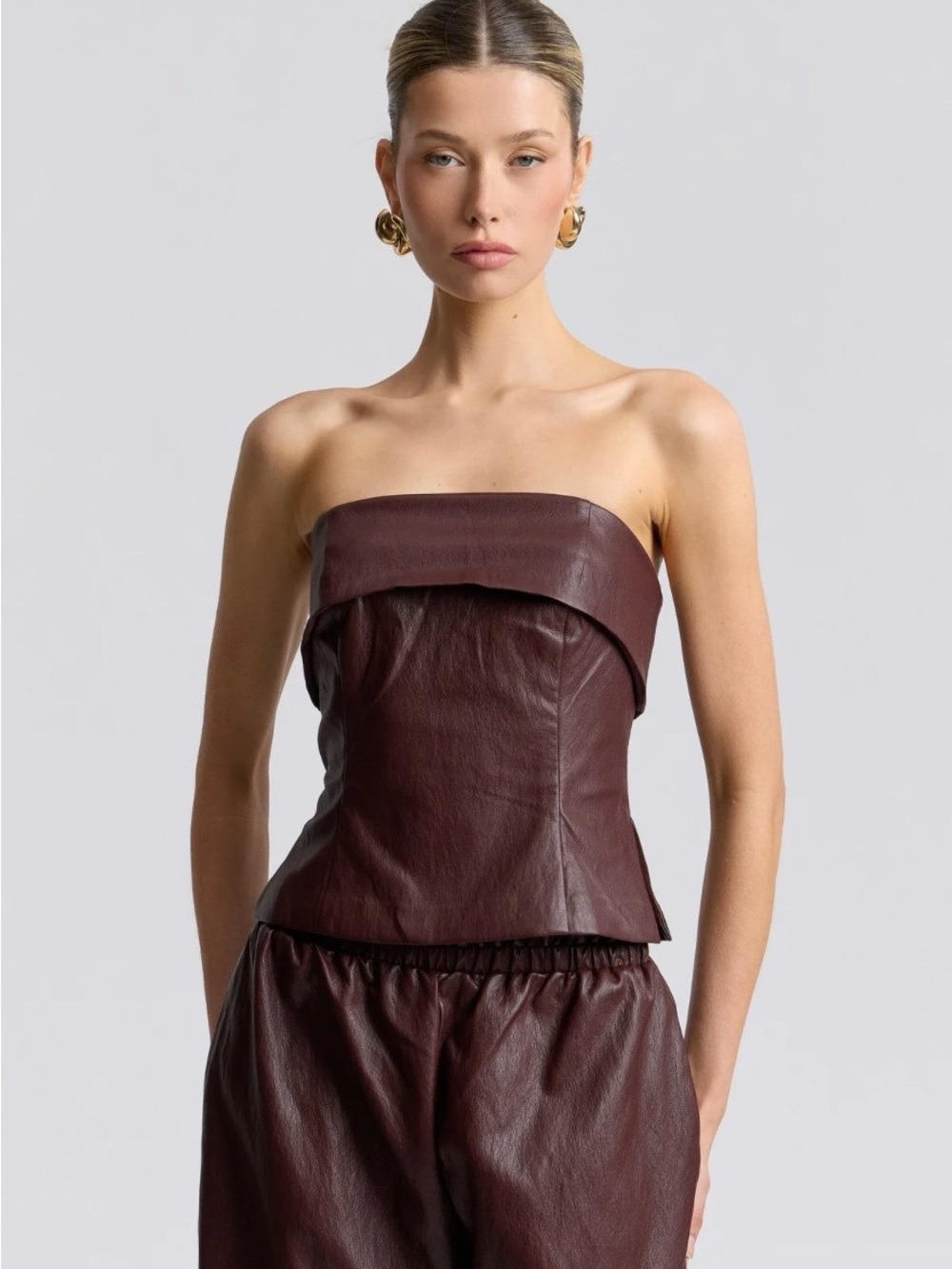 Strapless Faux Leather Peplum Top in Deep Burgundy & Faux Leather Pants Set